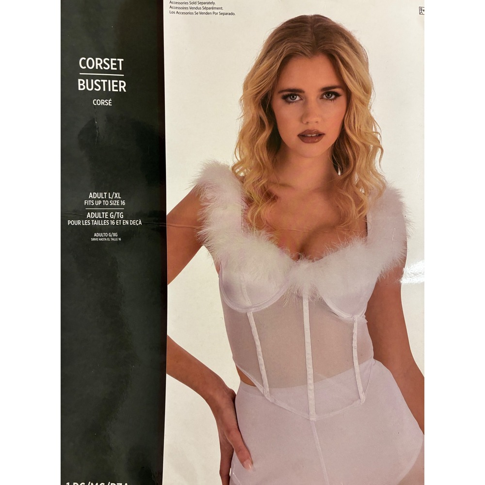 Halloween Feather Trim Mesh Corset Bustier Coquette Glam L/XL White